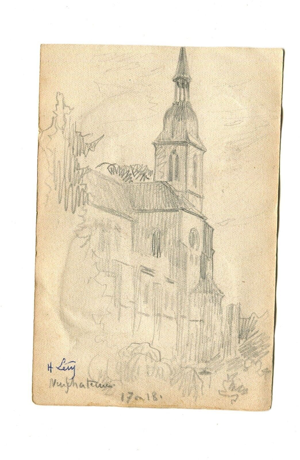 Vintage Pencil Original Drawing signed Village Art Nouveau Artwork image 5