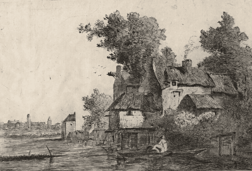 Antique Etching Original Landscape, Tree, Man, House, Boat image 1