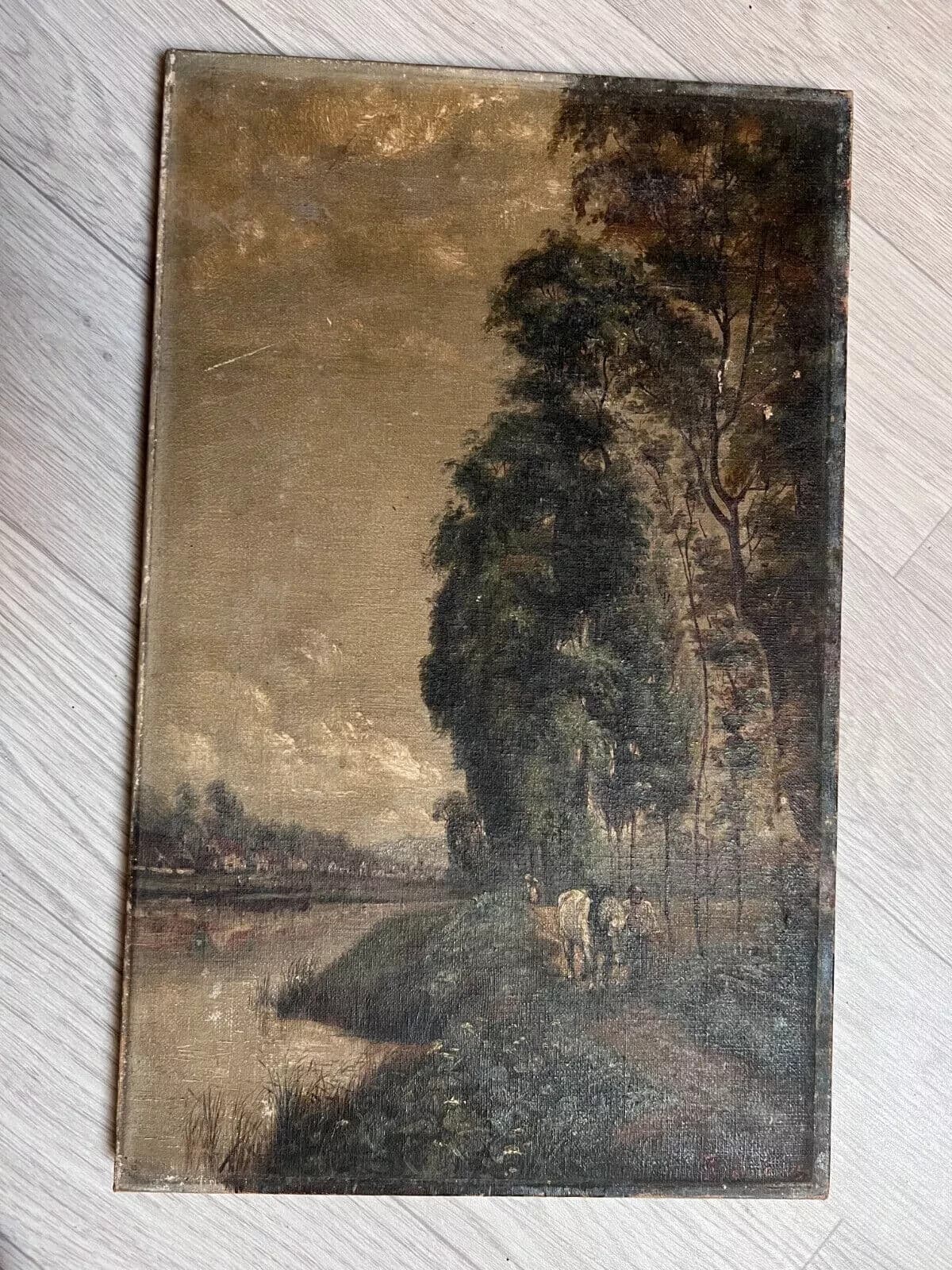 Antique Oil Original Painting River Landscape, Man with Horse, Trees, Loing image 5