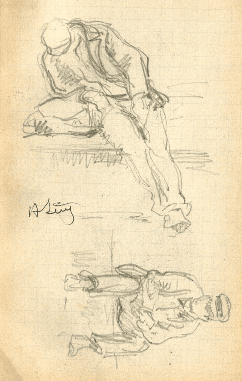 Antique Pencil Original Drawing signed Sketch Men Sitting image 1