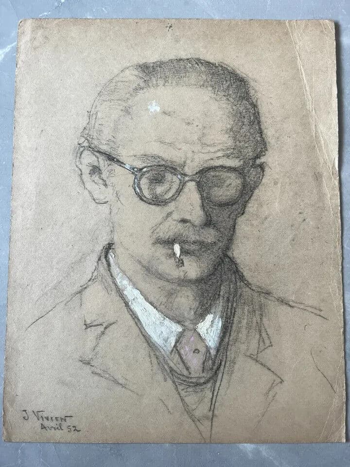 Original Antique Pencil Drawing Man Portrait Smocking signed Artwork image 6