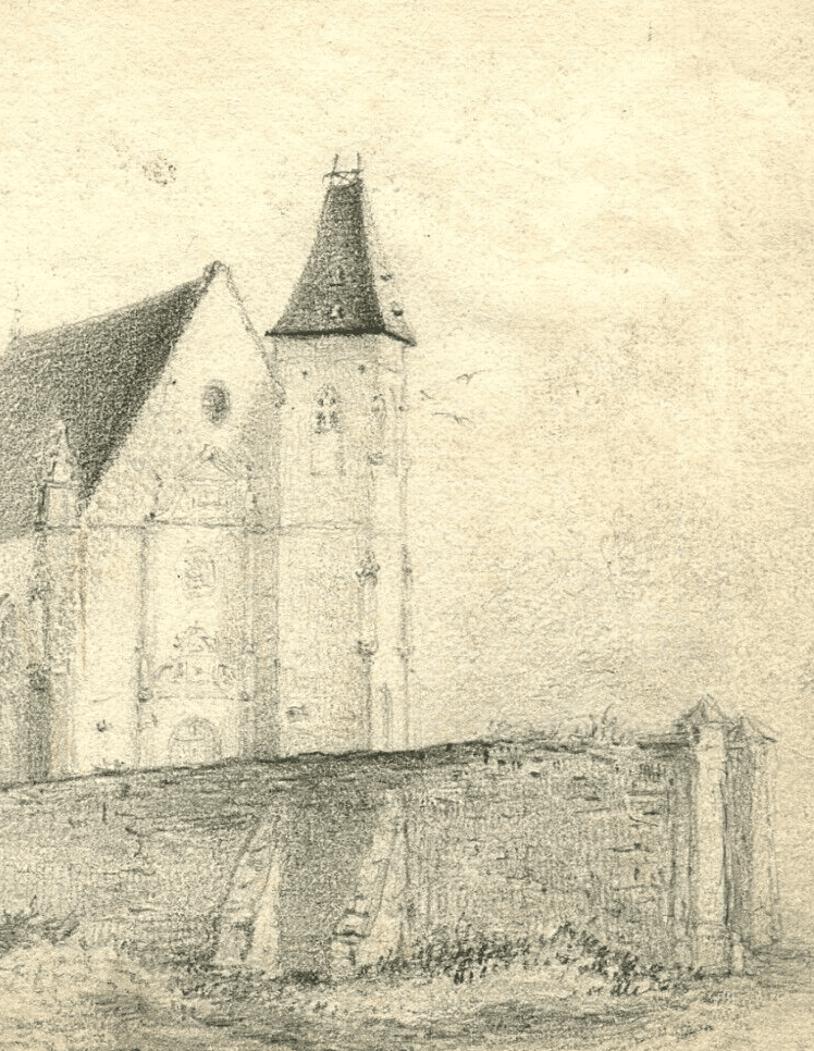Antique Pencil Original Drawing 19th century Loigny Landscape, Church, People image 3