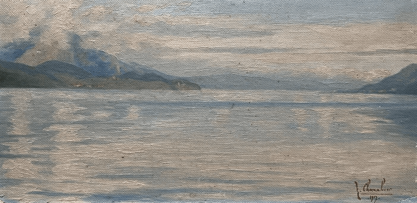 Antique Original Painting Maritime Landscape , Seaview, Mountain, Interlakes image 1