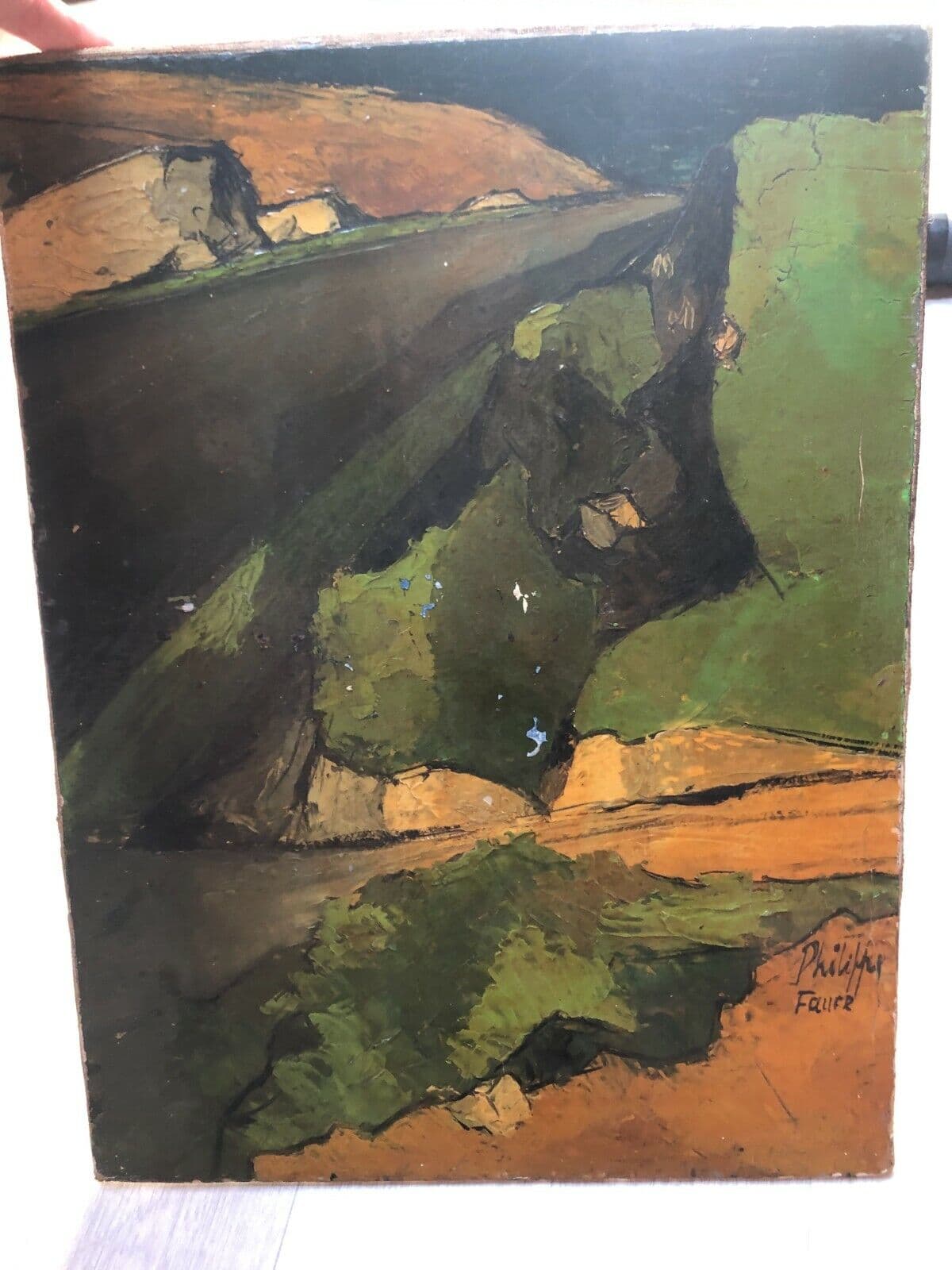 Antique Oil Painting by Philippe FAURE (XX) Green Cubist Landscape 1957 image 7