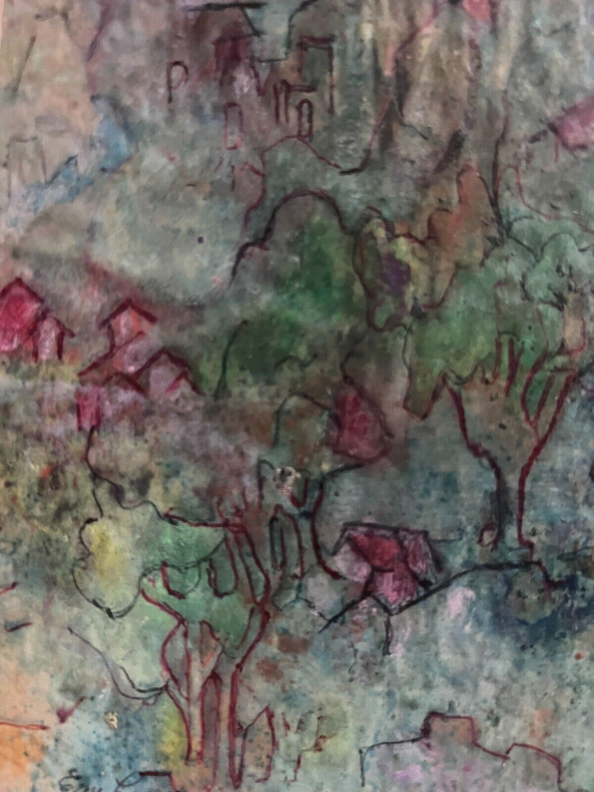 Modern Drawing Original signed Red Blue Green Abstract Evelyn Markon Licht