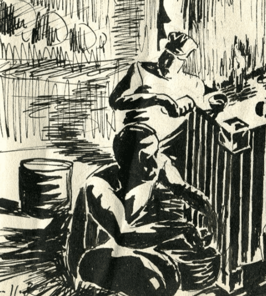 Vintage Ink Drawing Original Men Working and Drinking image 2