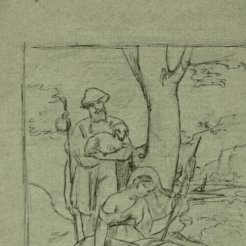 Antique Ink Original Drawing 19th century Religious Scene Figures, Goat and Kid image 2
