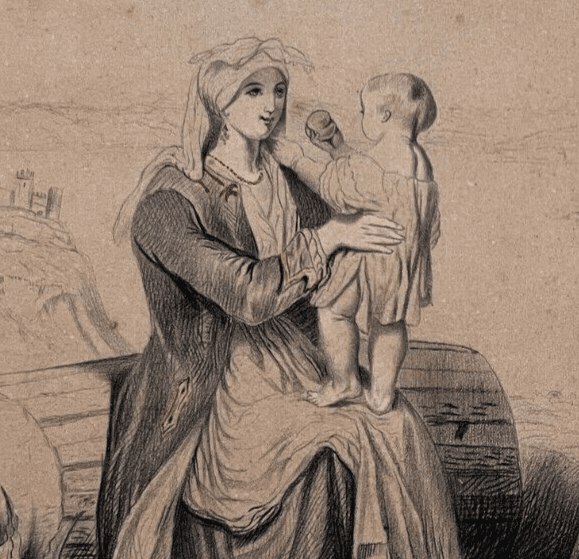 Vintage Original Antique Drawing 19th century People, Kids image 3