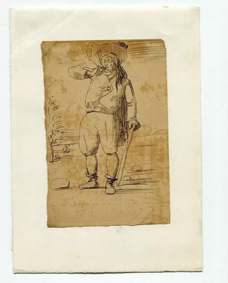Antique Ink Drawing Original 19th century Man Smocking a Pipe, Flemish image 5