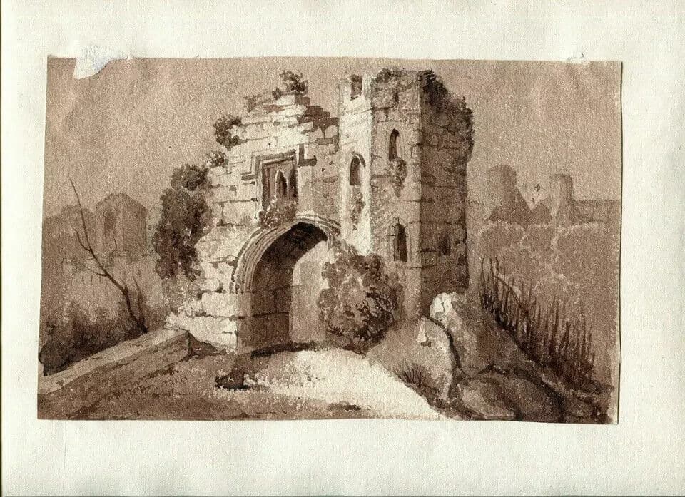 Antique Ink Original Drawing 19th century Ruins Landscape, House image 4