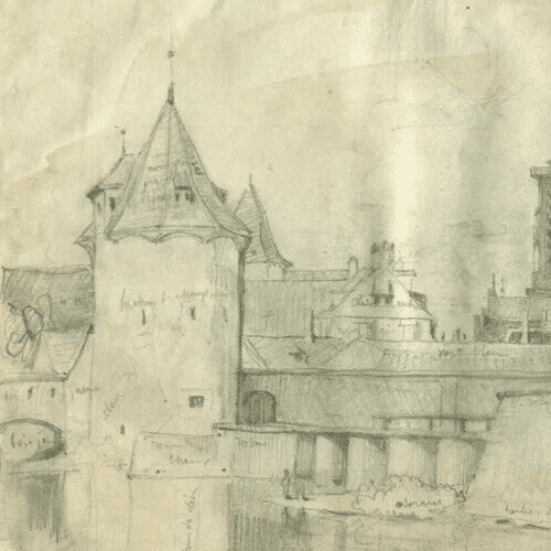 Antique Pencil Drawing 19th century Cityscape Landscape image 2