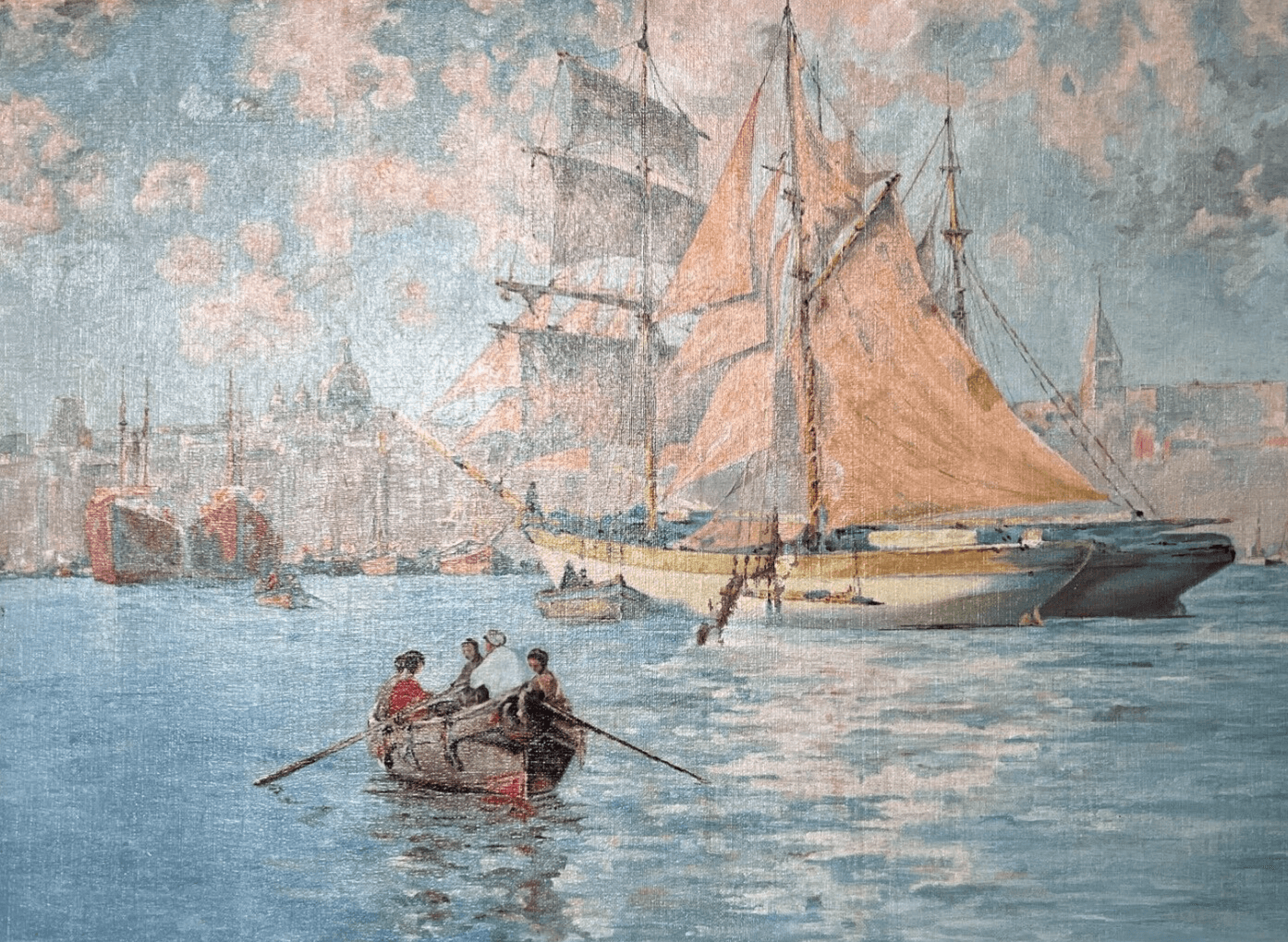 Antique Oil Painting Santa Salute Basilica, Grand Canal, Italy, Venice, Seascape image 1