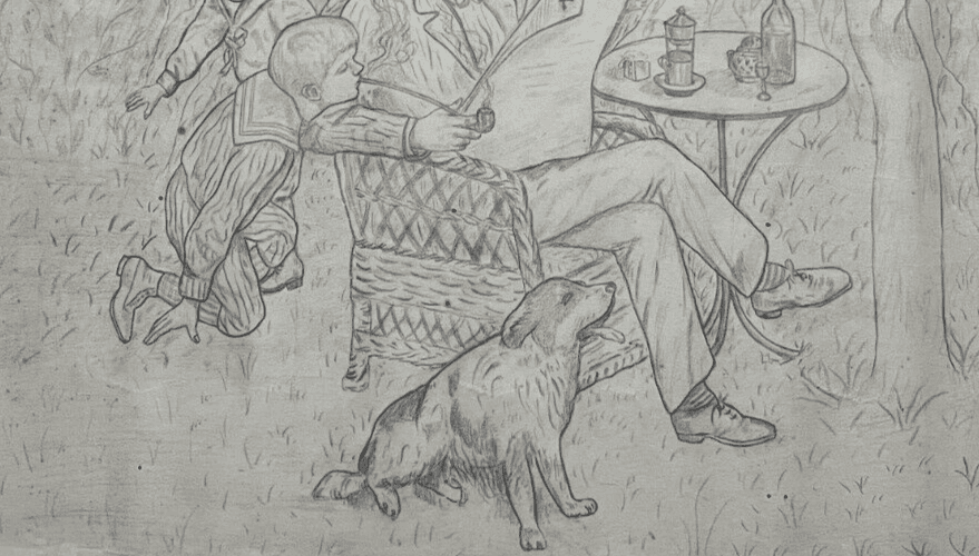 Antique Original Drawing People, Children, Dogs, Life Scene image 6