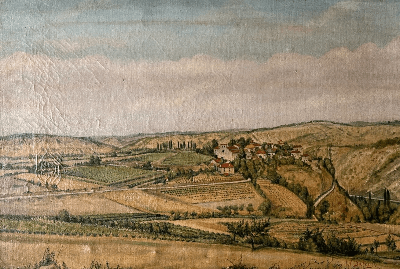 Vintage Oil Painting Landscape, Belaye, Village, Fields signed 1947 image 1