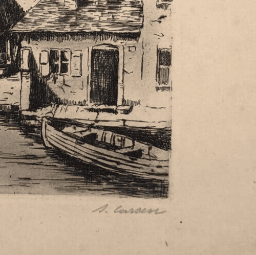 Antique Etching Original Landscape, Houses, Cityview, Town signed image 3