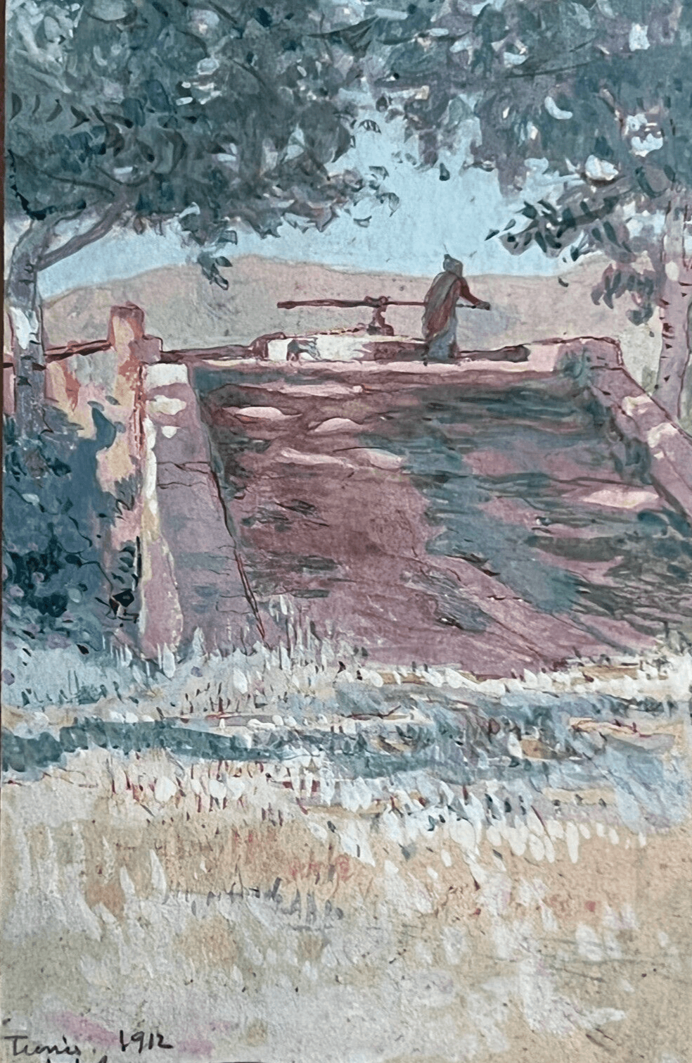 Antique Original Painting signed Landscape, Tunisia, Man image 1