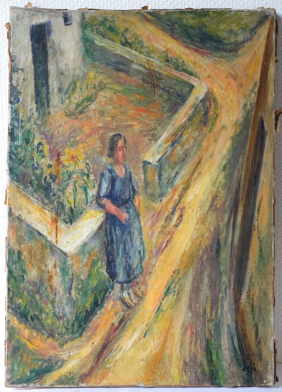 Antique Painting Woman Portrait Sunflower in Landscape, Modern Oil On Canvas image 6