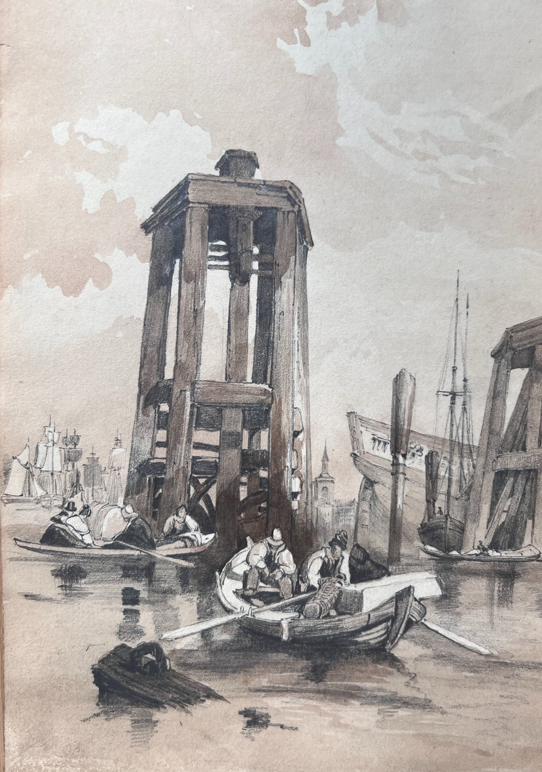 Maritime Landscape with Boats 19th century Drawing image 1