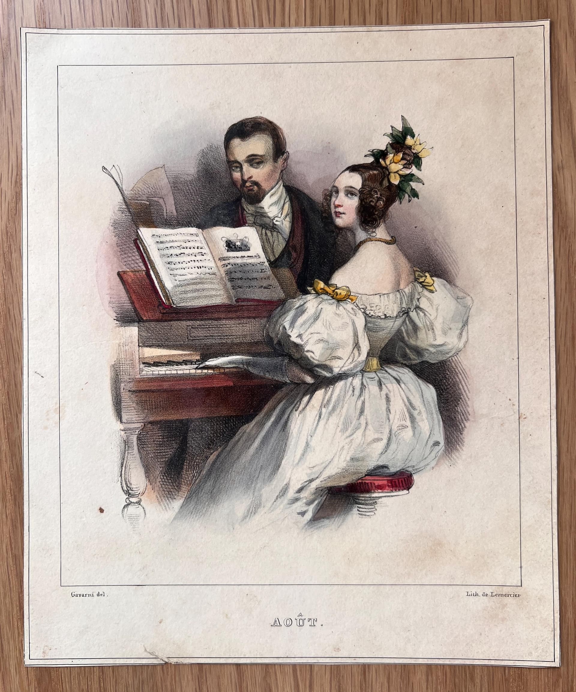 Charming Vintage Lithograph: Music Scene, August Edition