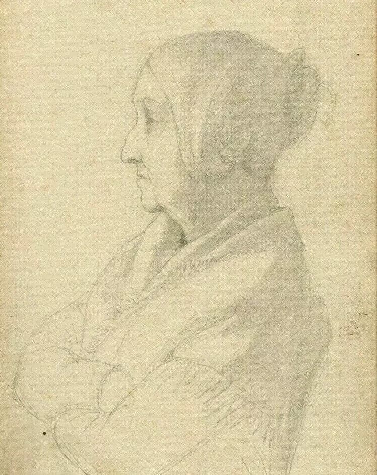 Antique Pencil Drawing 19th century, Woman Profil with a Shawl image 5