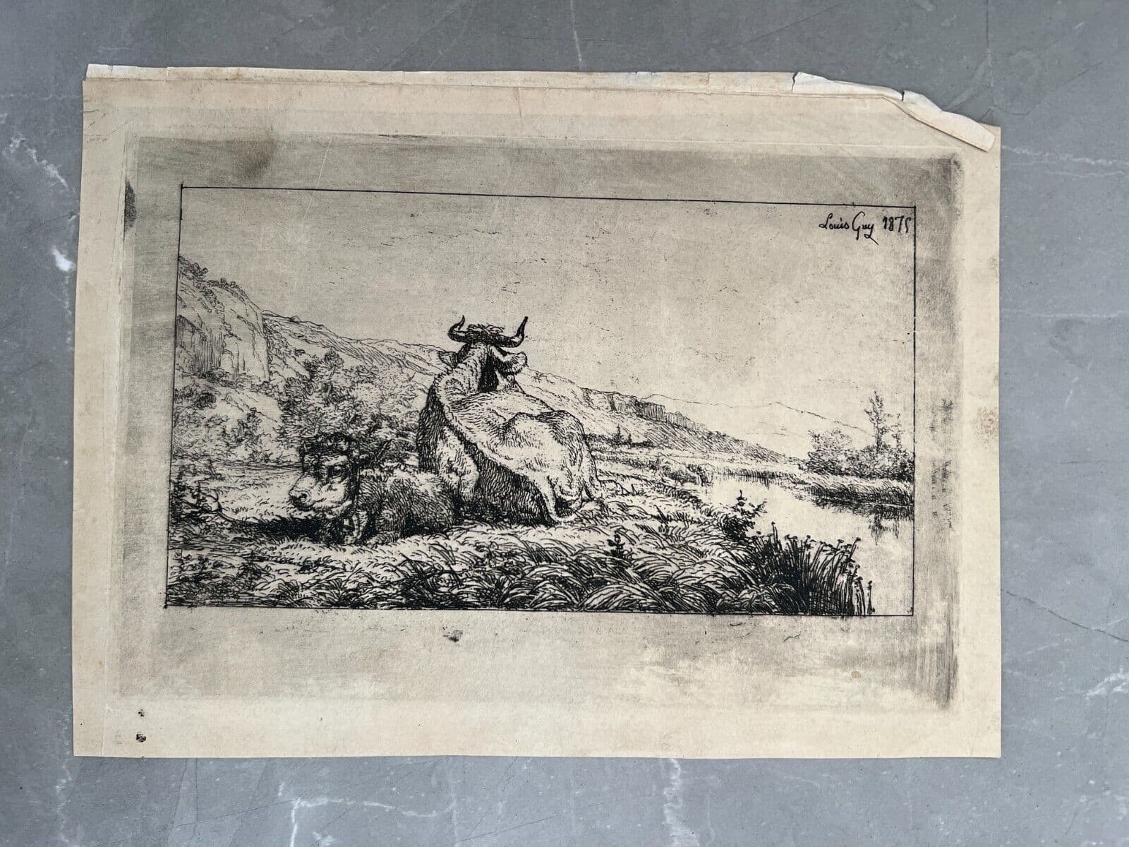 Etching Original Louis GUY (1824-1888) Landscape, Cows 1875 image 7