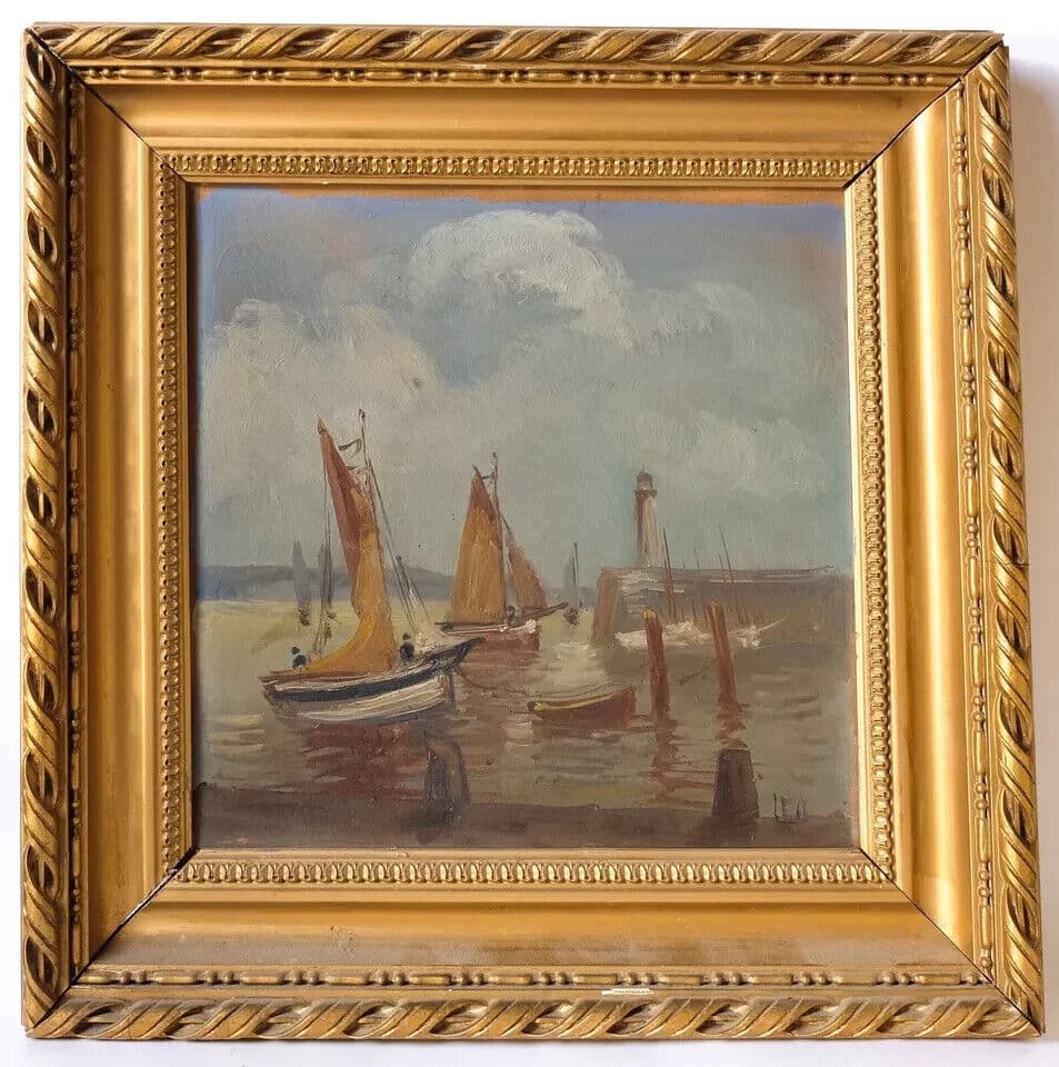 Antique Painting Original Old Maritime Landscape Boats Signed image 6
