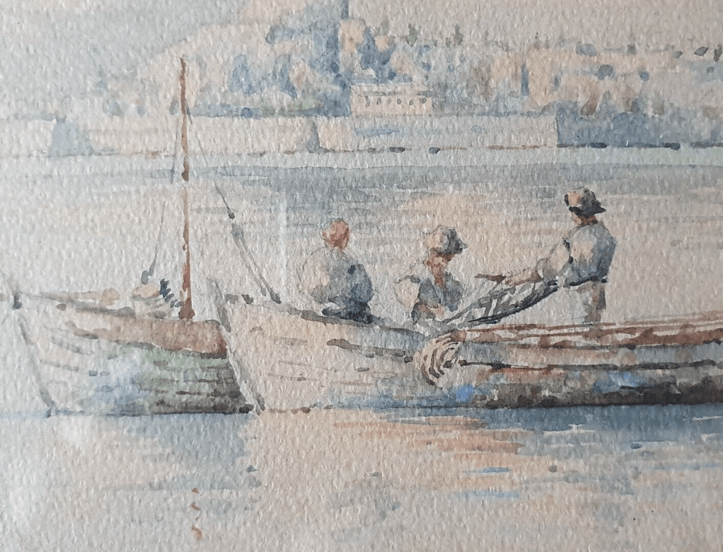 Antique Painting Original Landscape, Corfu, People, Cityview, Boat, Sea image 3