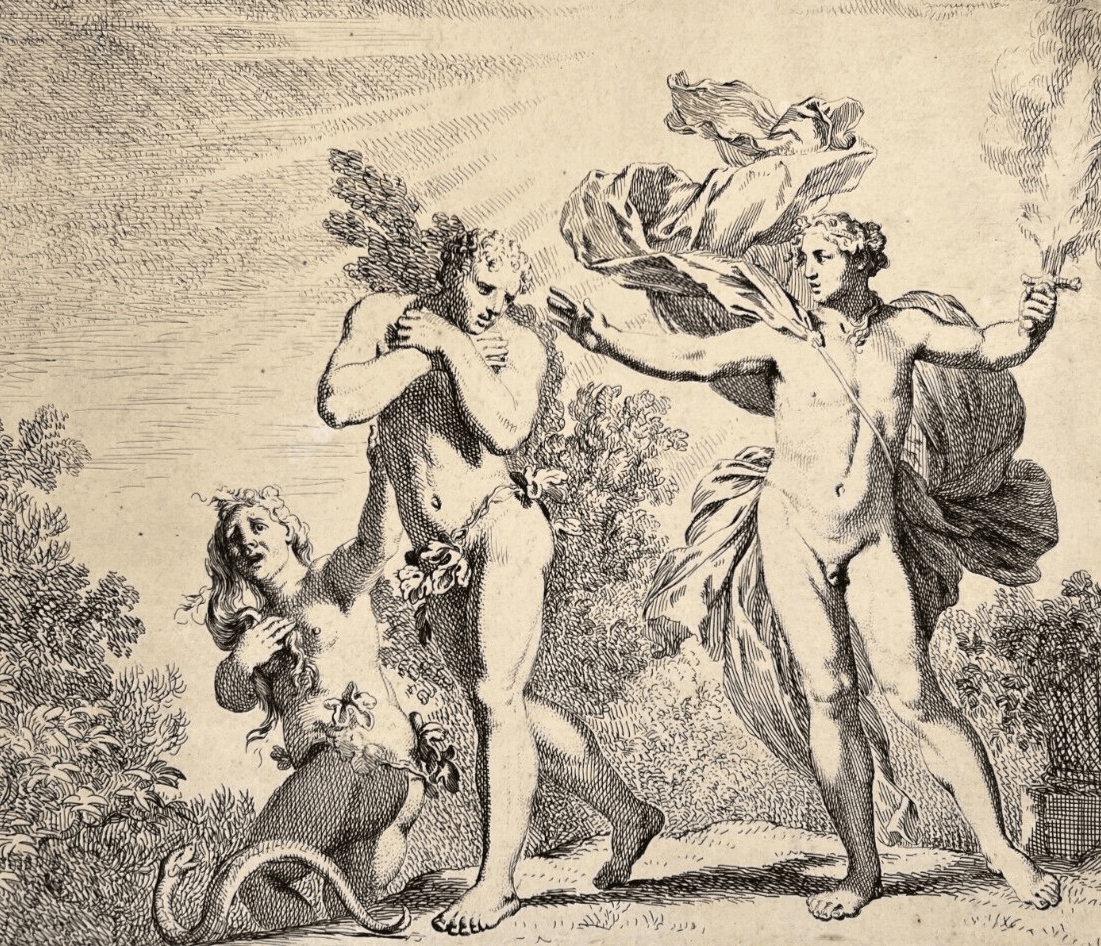 Antique Etching Original Expulsion Adam and Eve, Gerard de Lairesse (1641-1711) image 1
