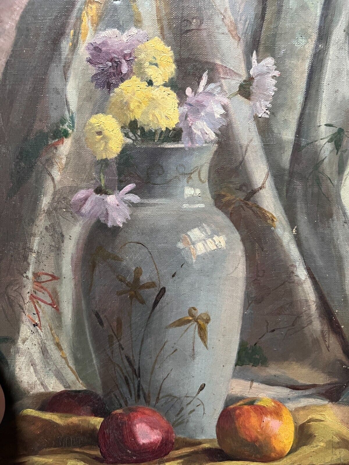 Antique Original Painting Still Life, Flowers, Vase, Apples 19th century image 1