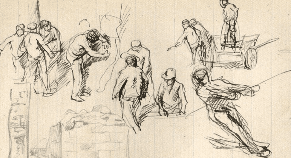 Antique Vintage Ink Pencil Drawing Original Ruin, Sketch People Artwork image 1