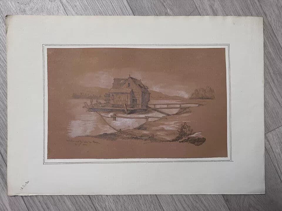 Antique Ink Drawing Original 19th century Mills Landscape 1896 image 6