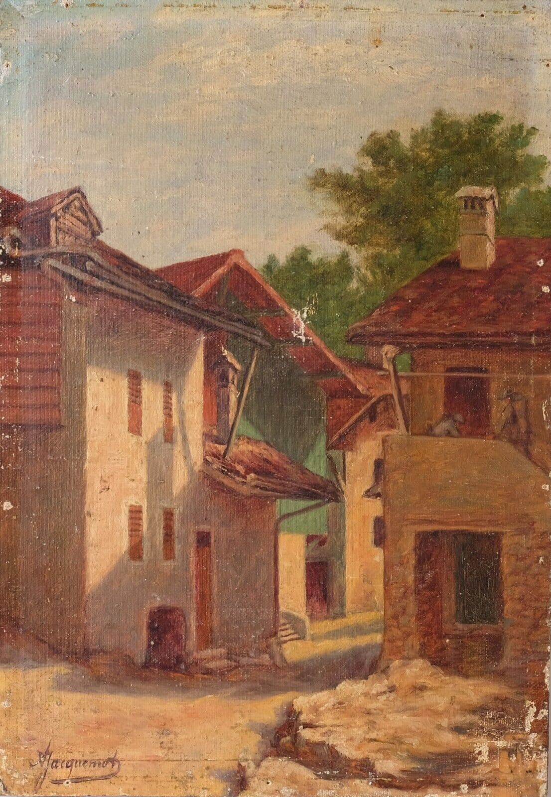 Antique Oil Painting on Canvas Landscape, Houses, Village signed image 1