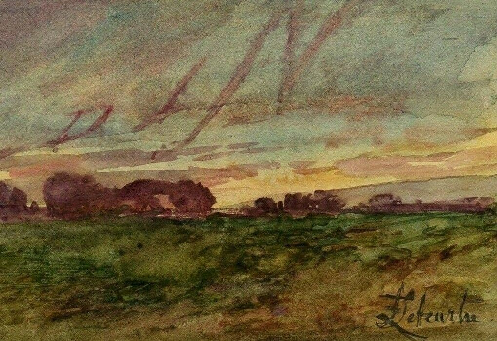 Vintage Original Drawing Landscape, Sunset, Forest, Trees image 1