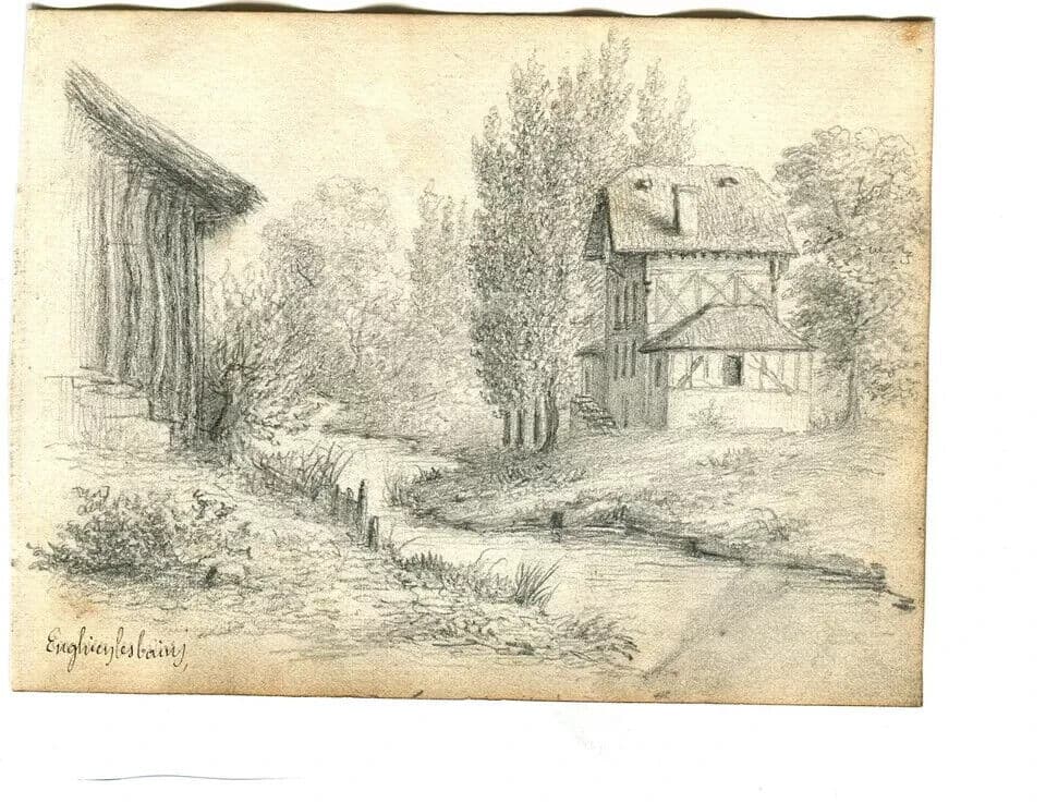 Antique Pencil Drawing 19th century Enghien-les-Bains, Landscape, House, Forest image 6