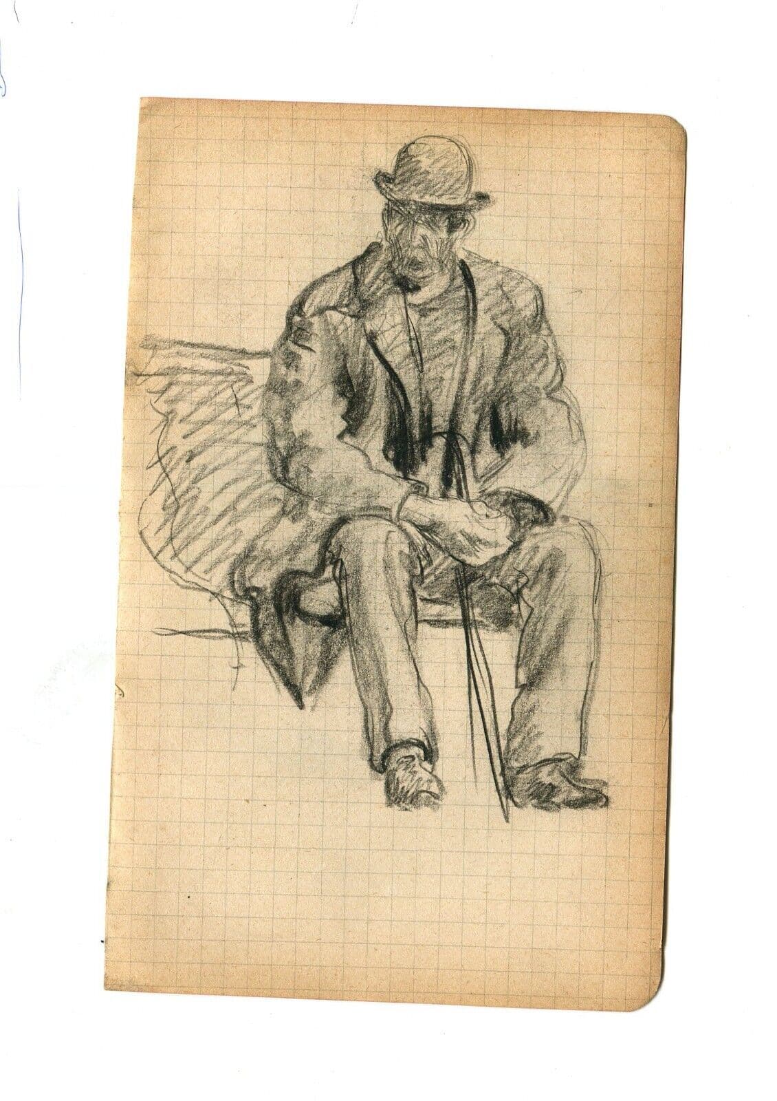 Vintage Pencil Original Drawing of a Man with Hat sitting with a Cane image 6