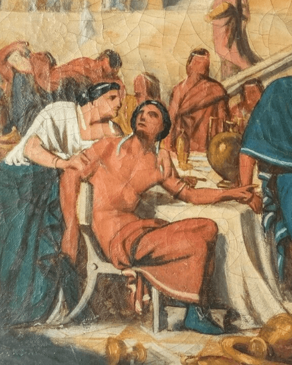 Antique Painting Original Old 19th century Banquet Scene in Athens, People image 3