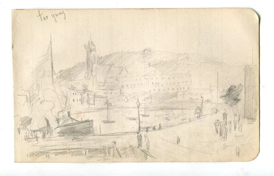 Vintage Pencil Original Drawing Landscape of Torquay, Docks, Boats image 6