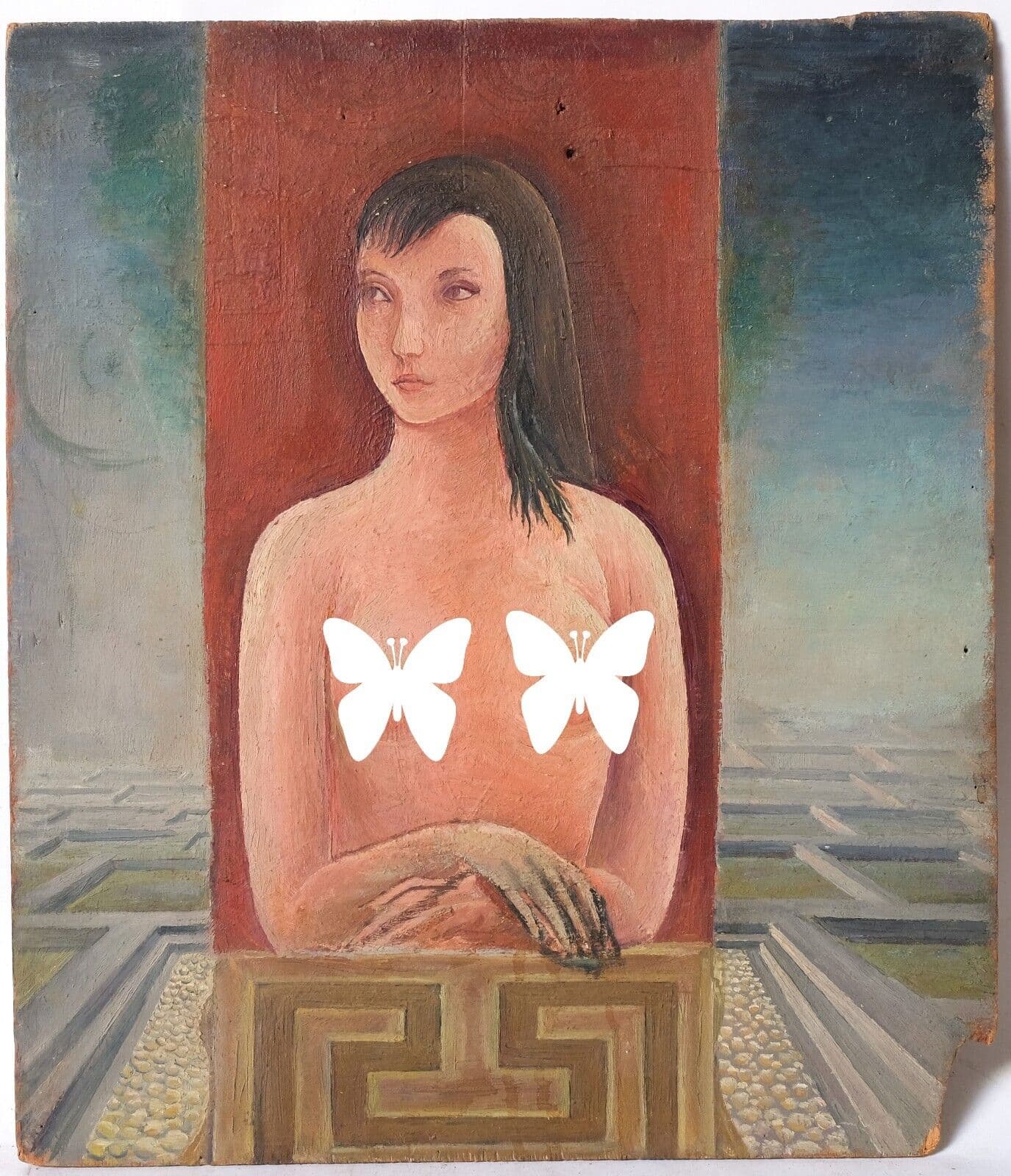 Antique Original Painting Nude Woman Portrait