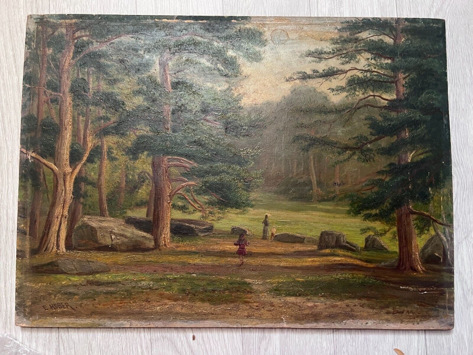 Original Painting signed, Landscape, Family, Kids, Forest, Trees image 2