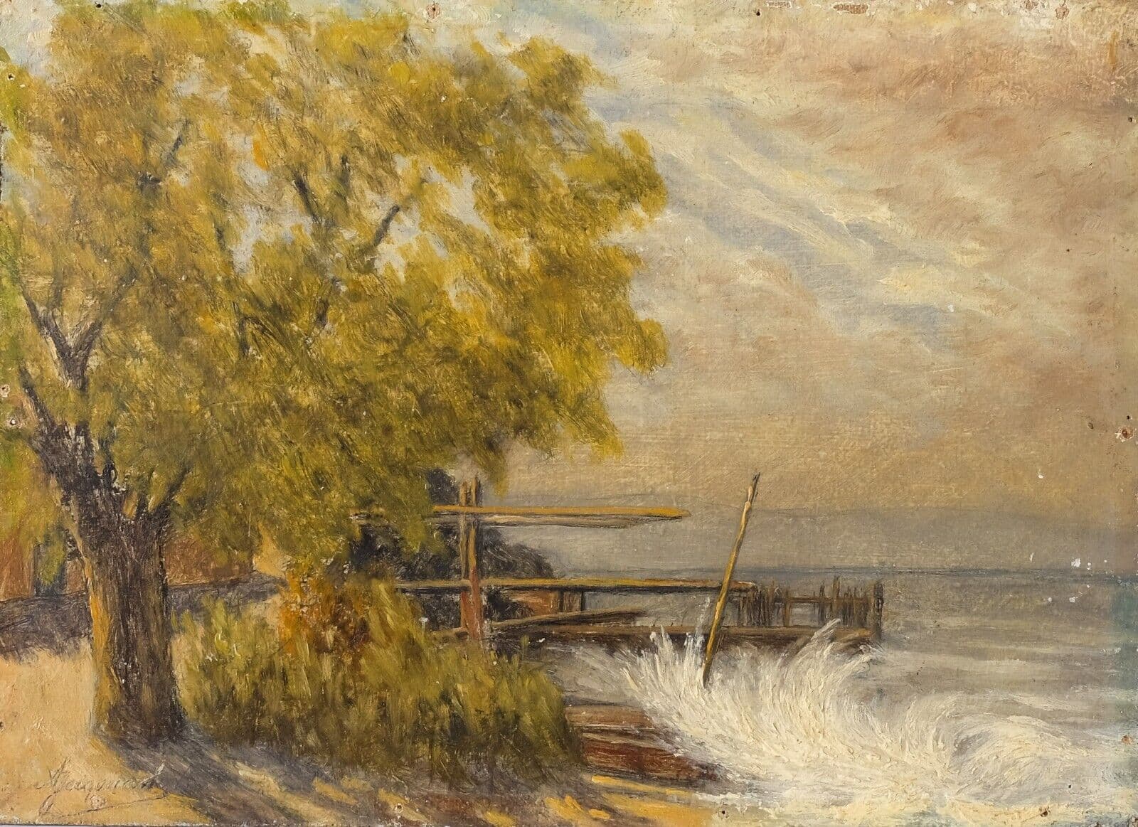 Antique Oil Original Painting signed Bourasque on Leman Amphion Haute Savoie image 1