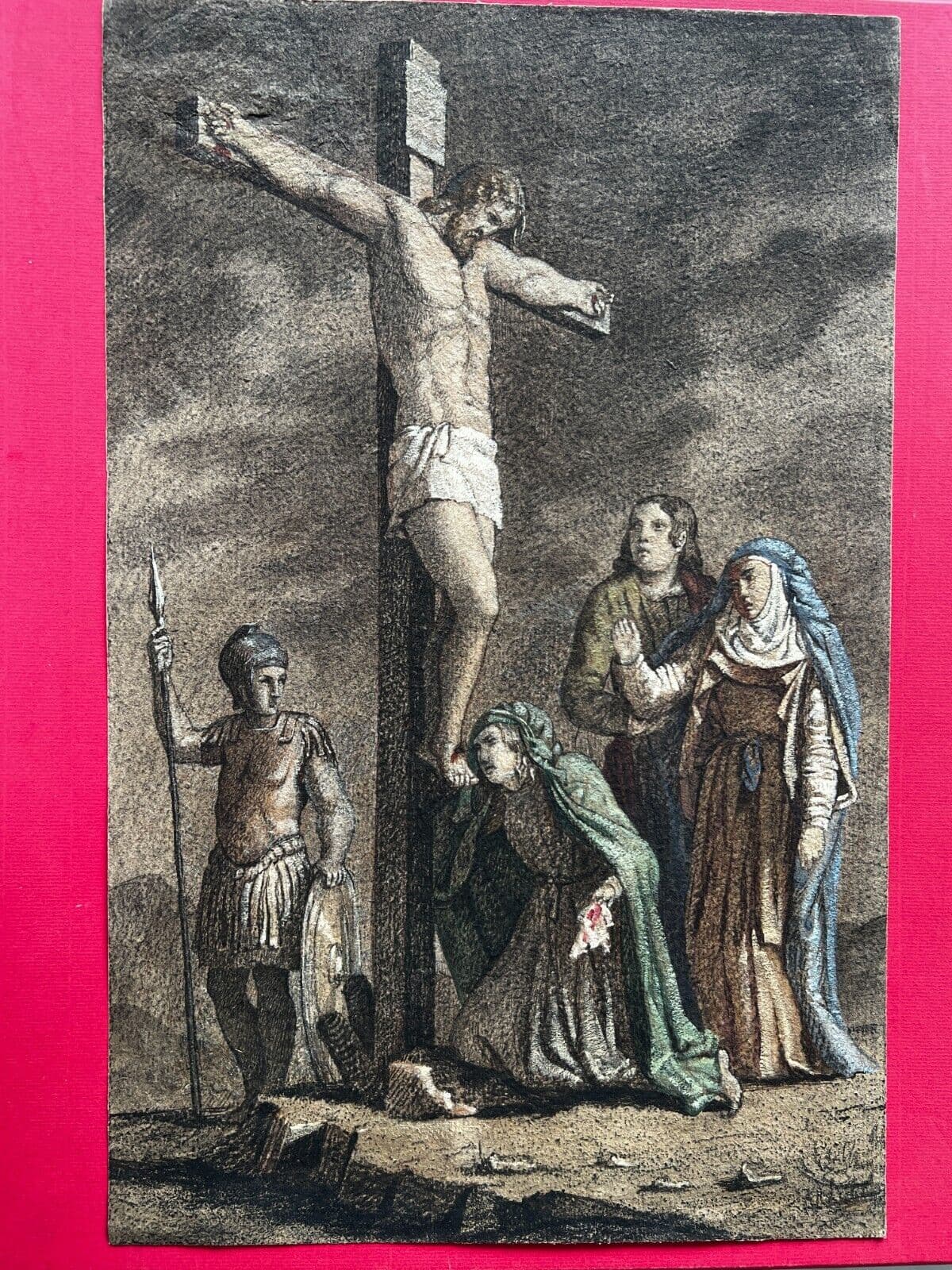Drawing 19th century Religious Christ on Cross and People image 2