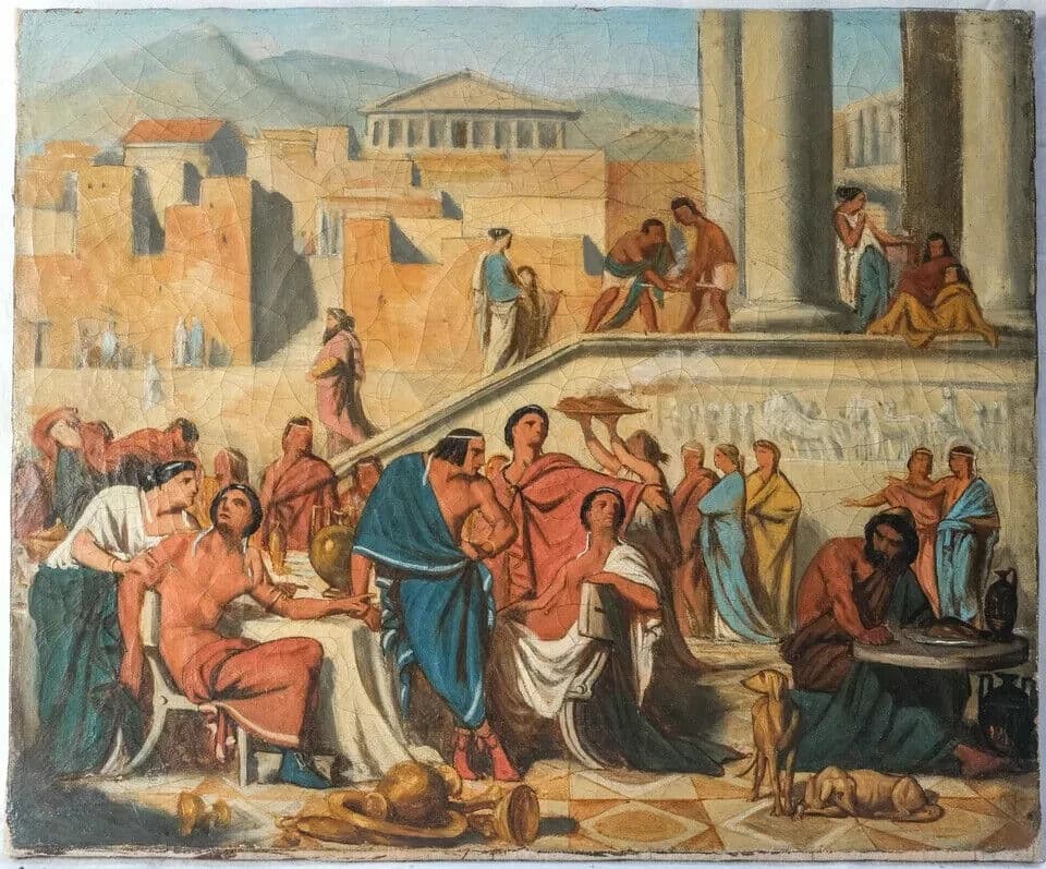Antique Painting Original Old 19th century Banquet Scene in Athens, People image 5