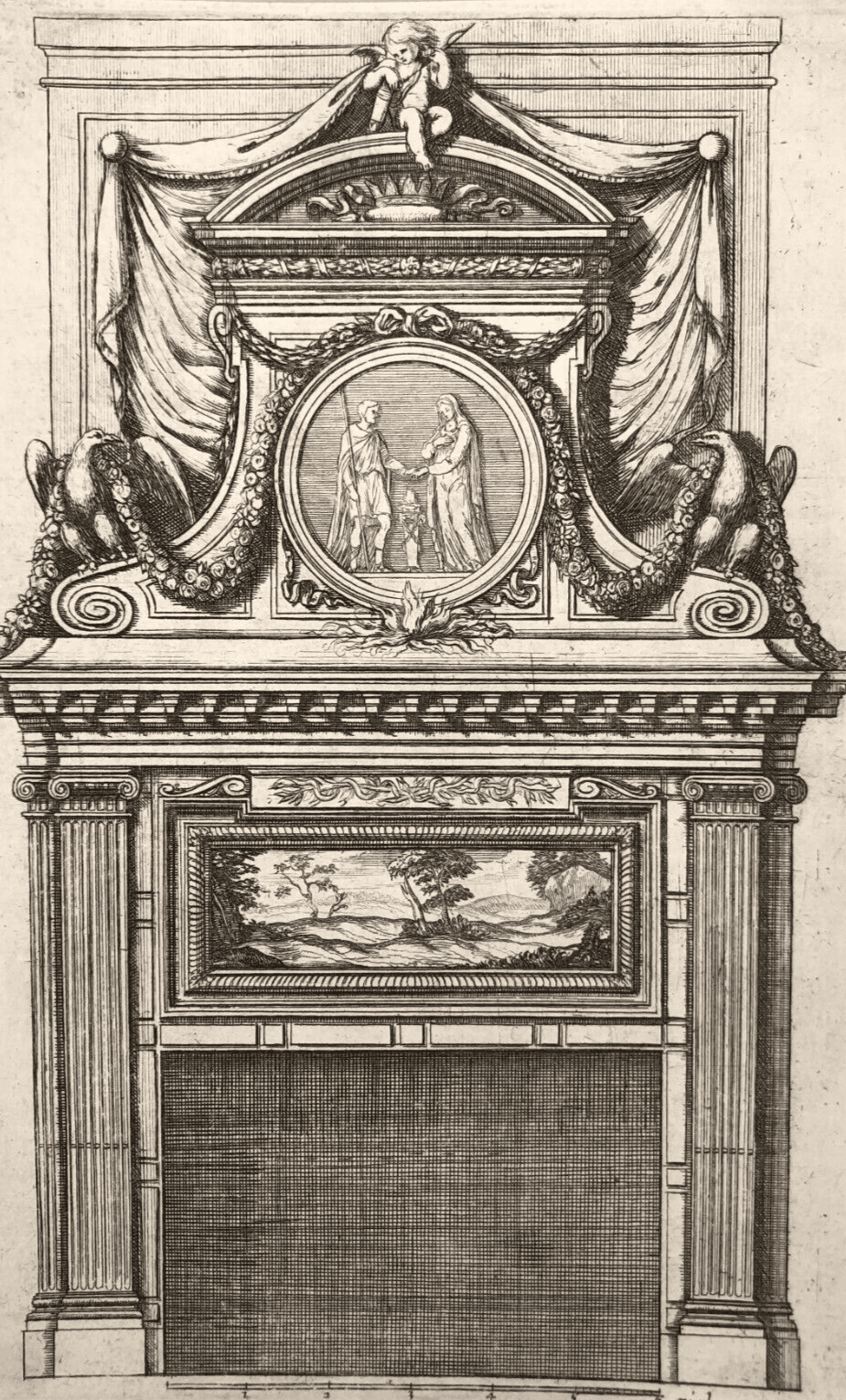 Etching Original Antique 17th century Architecture, Fireplace, Sculptures x4 image 1