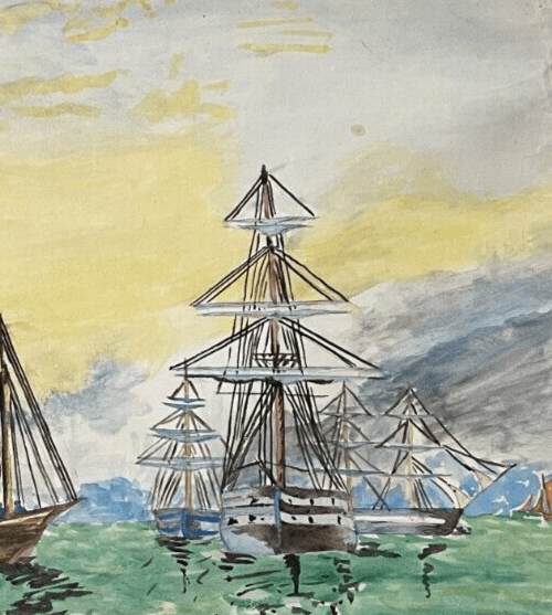 Antique Original Drawing Seaview, Boars, People, Sunset, Landscape image 3