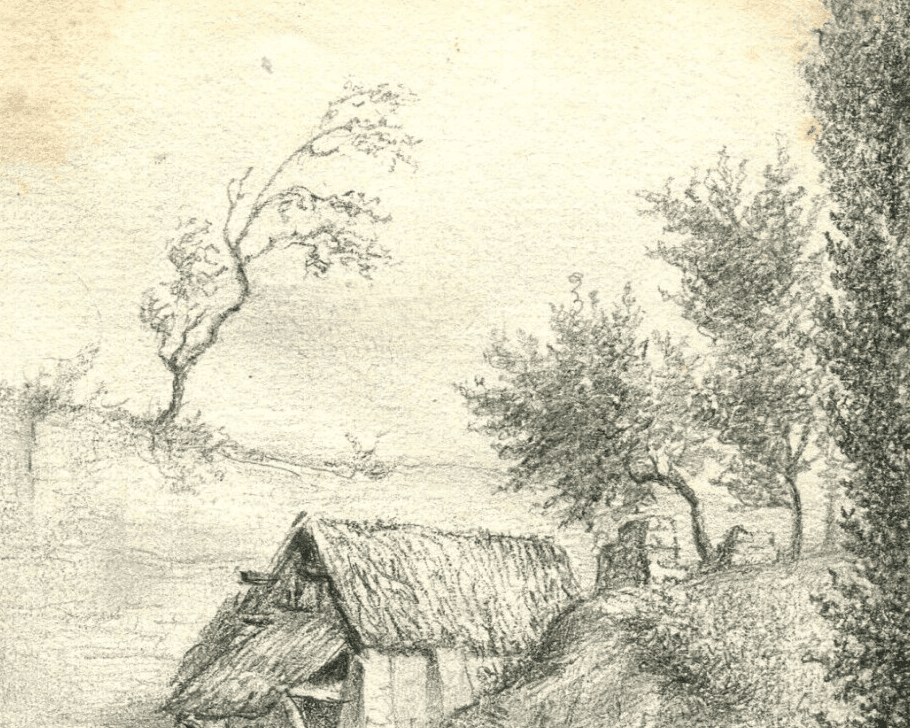 Antique Pencil Original Drawing 19th century Landscape, Farm, Forest image 4