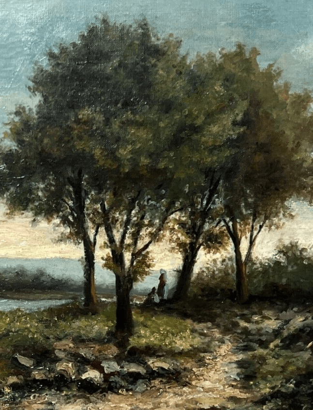 Antique Original Painting Landscape Trees, River, Forest, Fisherman signed image 5