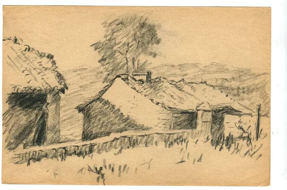 Vintage Pencil Original Drawing House and Tree, Landscape image 4