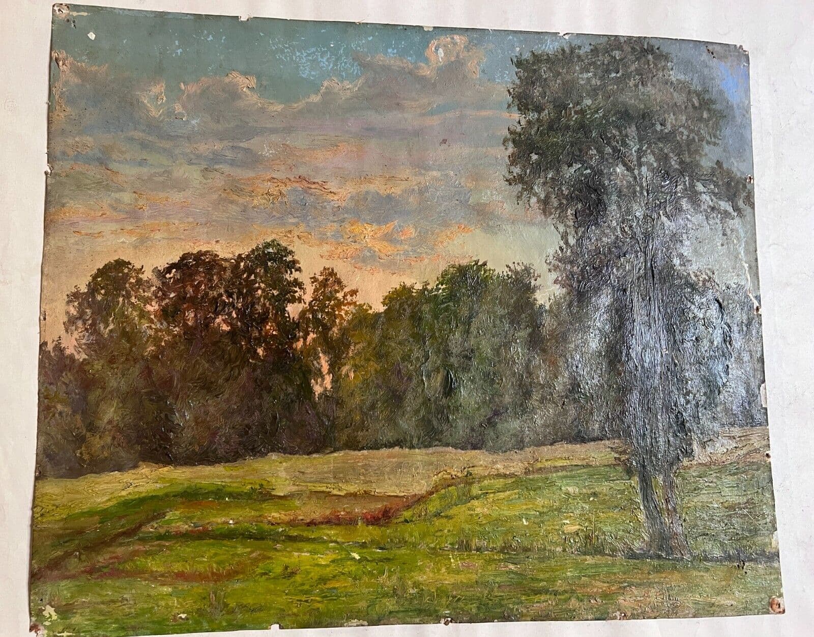 Antique Original Painting Landscape, Forest, Tree, Sunset, Nature image 2