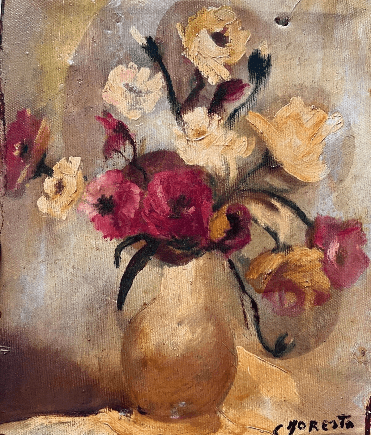 Antique Oil Painting C. FORESTO (1931) Still Life Bouquet, Flowers in a Vase