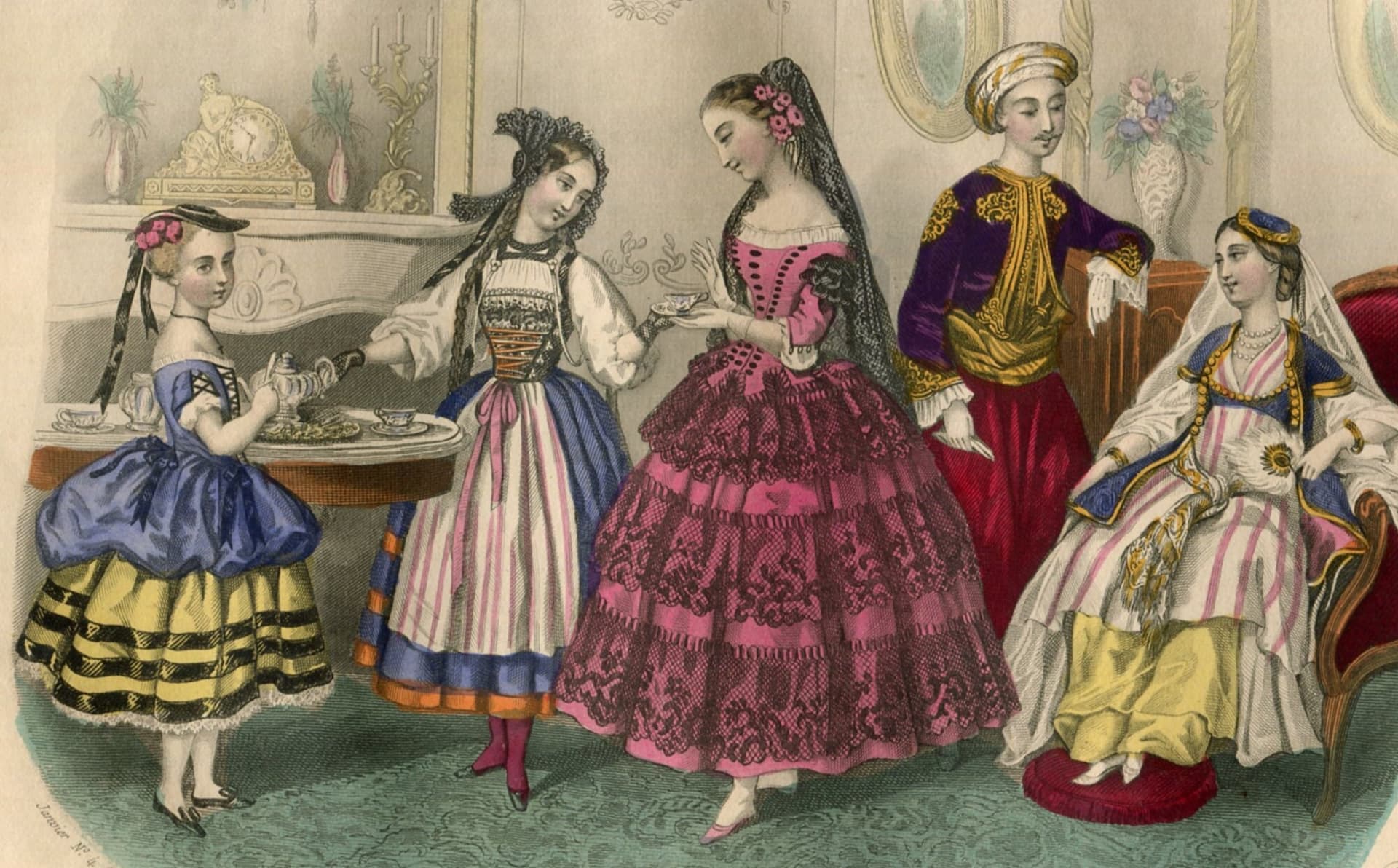 Antique Fashion Illustration - "Musée des Familles" Family Gathering with